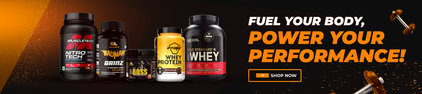 Supplement products with promotional text on an orange background