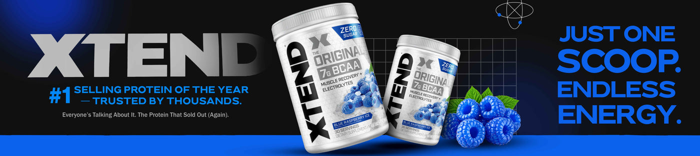 XTEND protein powder containers with branding and promotional text on a blue background