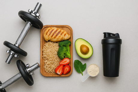 Healthy workout meal with grilled chicken, brown rice, broccoli, avocado, strawberries, dumbbells, and a protein shaker arranged on a flat lay fitness background.