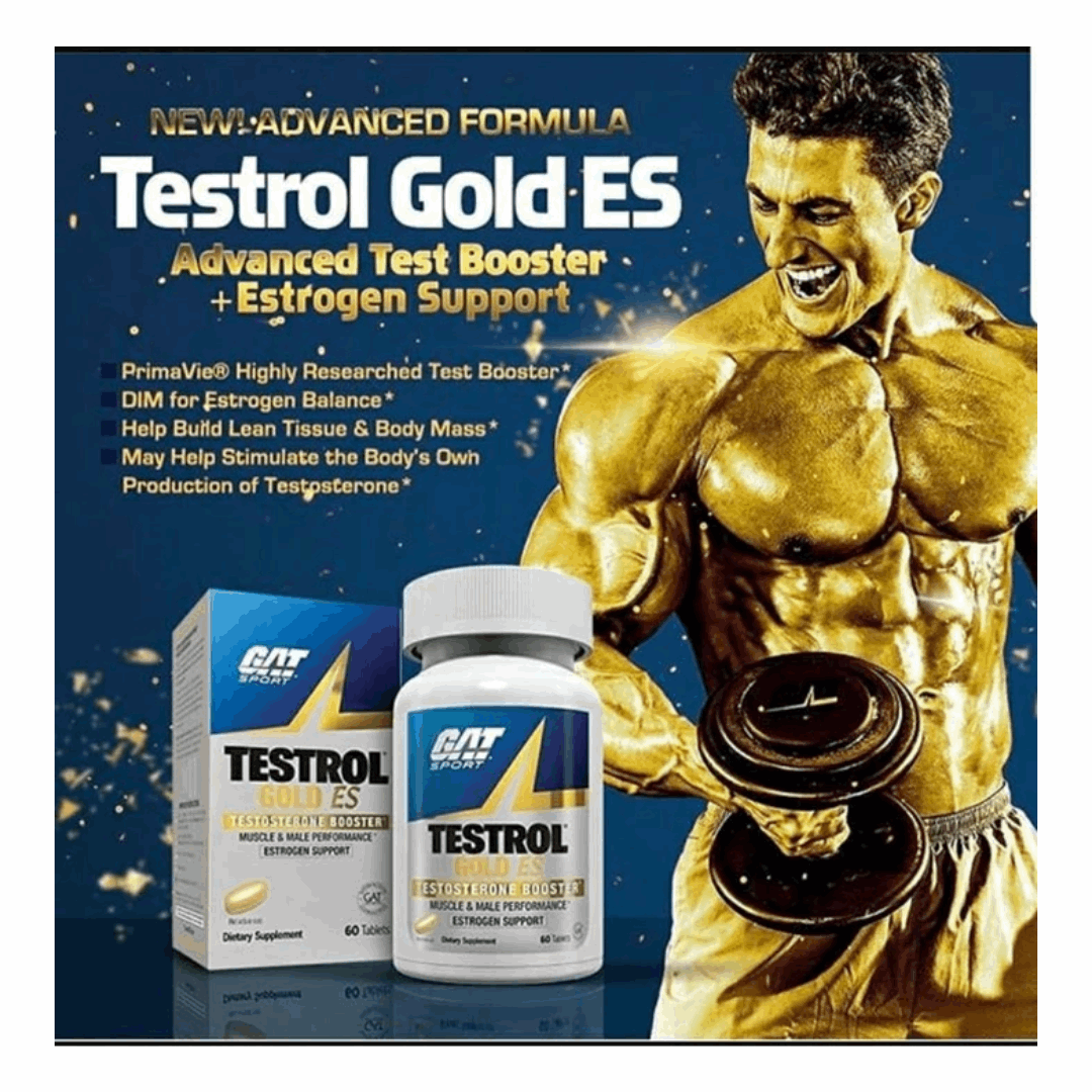 Testrol Gold-ES supplement packaging with a muscular figure on a blue background