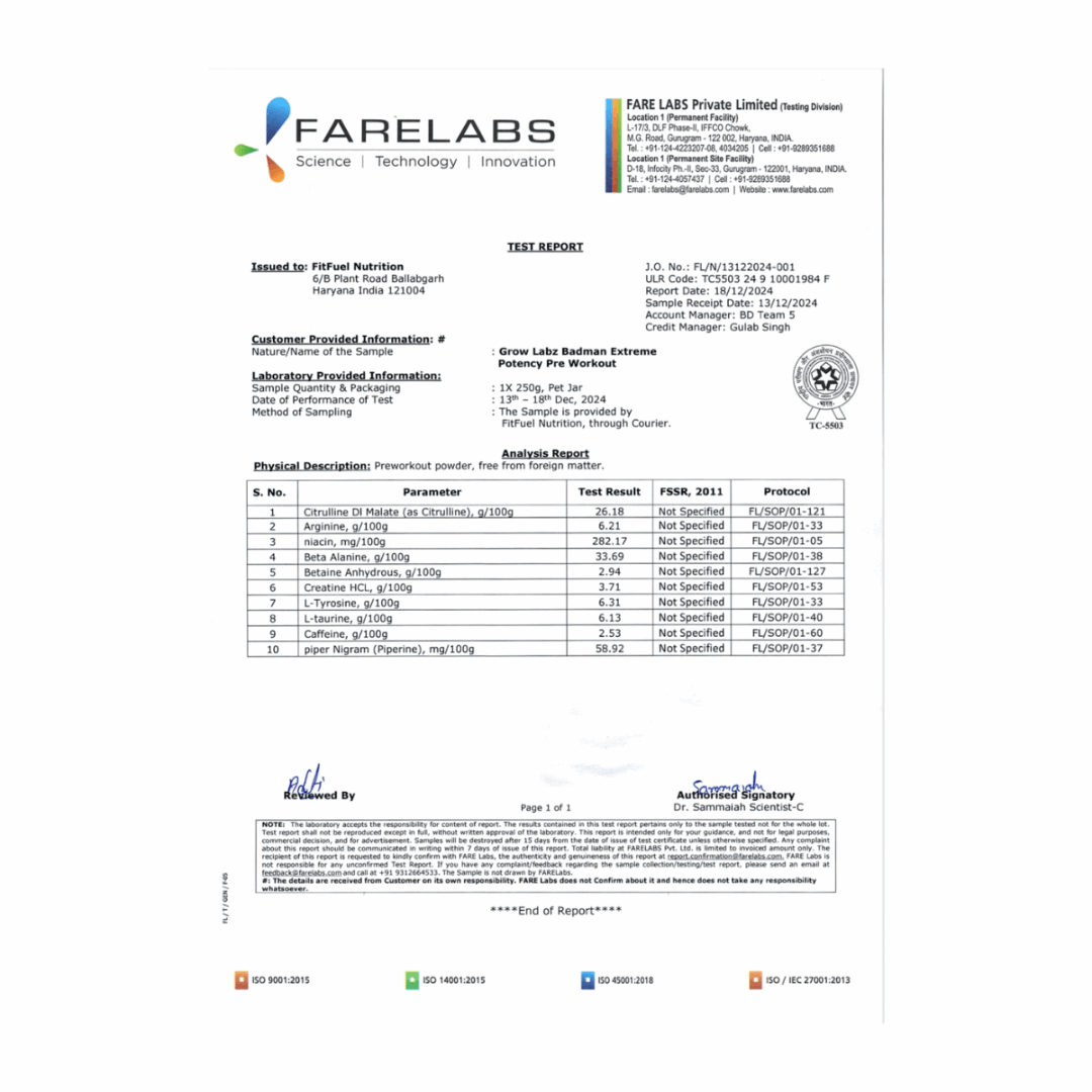 Test report from Farelabs with various parameters and results on a white background