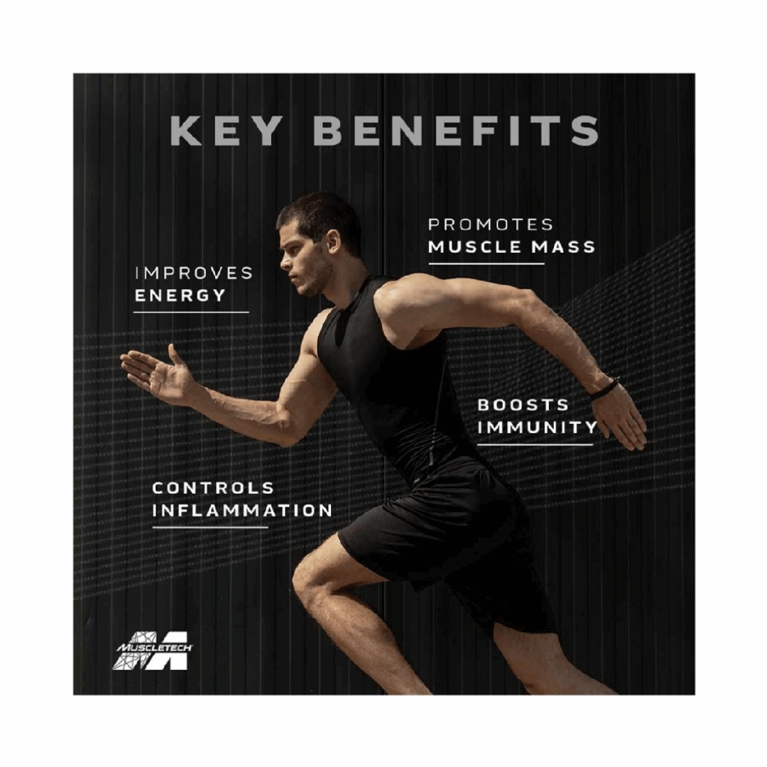 Person running with key benefits text on a black background