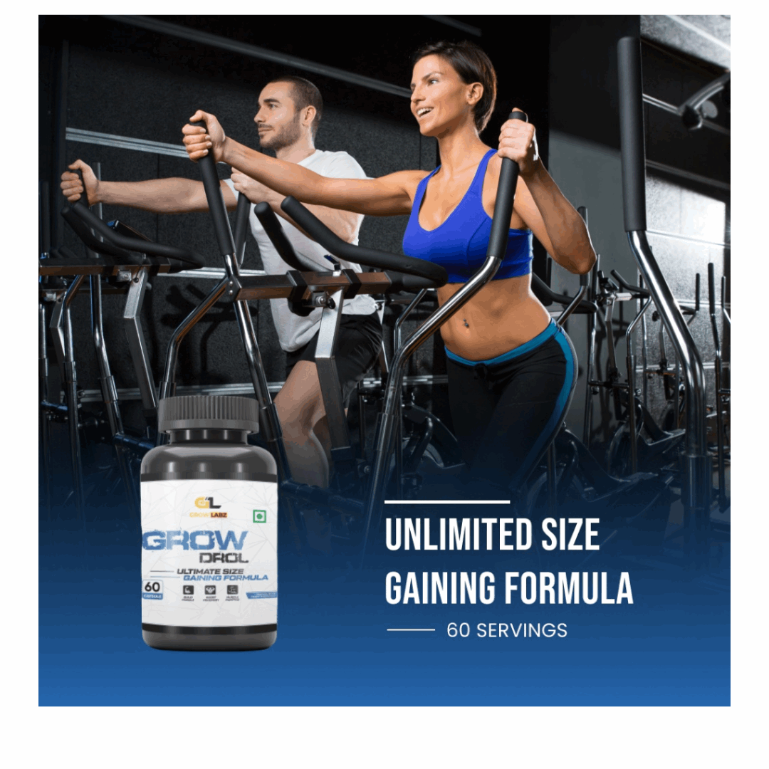 Two people exercising on a machine with a supplement bottle labeled 'GROW REAL' in the foreground.