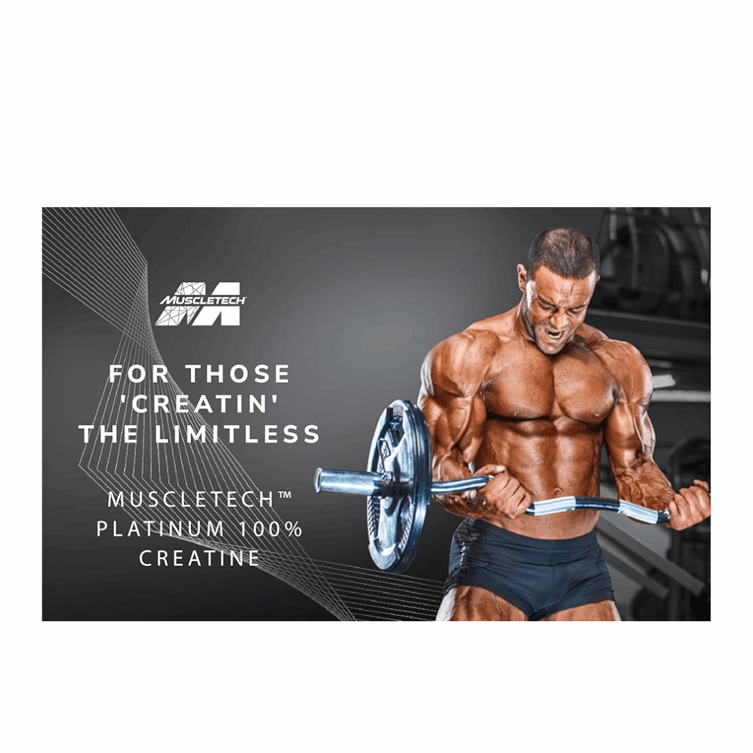 Musclebuilder lifting weights with Muscletech creatine supplement branding