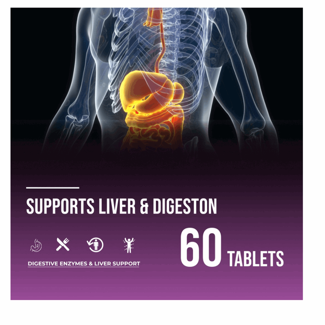 Diagram of a human body with a focus on the liver and digestive system, labeled 'Supports Liver & Digestion'.