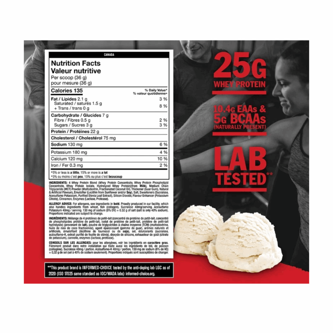 Nutrition label and protein scoop on a product packaging with text about protein content and testing.