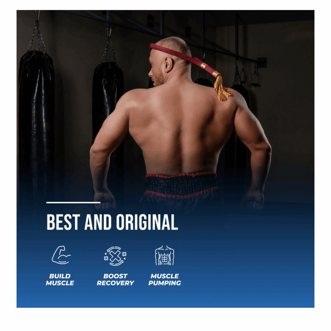 Man exercising with resistance bands in a gym setting, with text about product benefits.