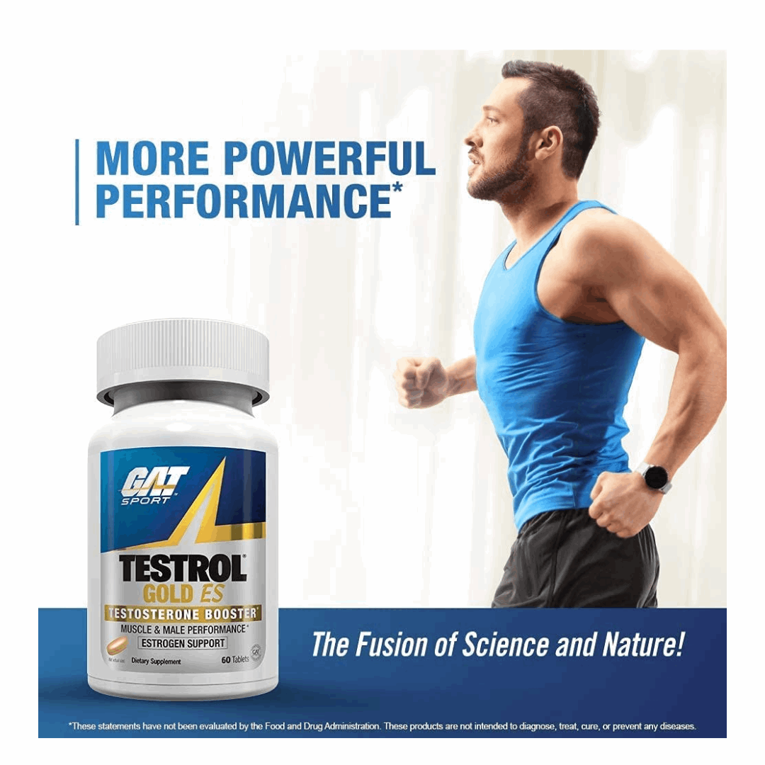 GAT Sports Testrol Gold ES supplement bottle with a man running on a white background