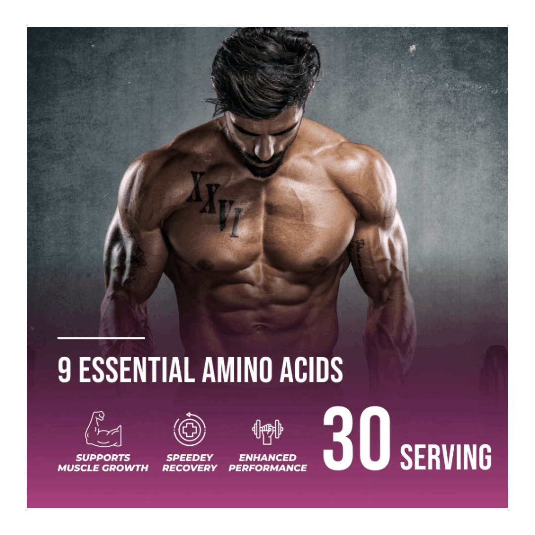 Muscular man with fitness supplement packaging featuring amino acids text