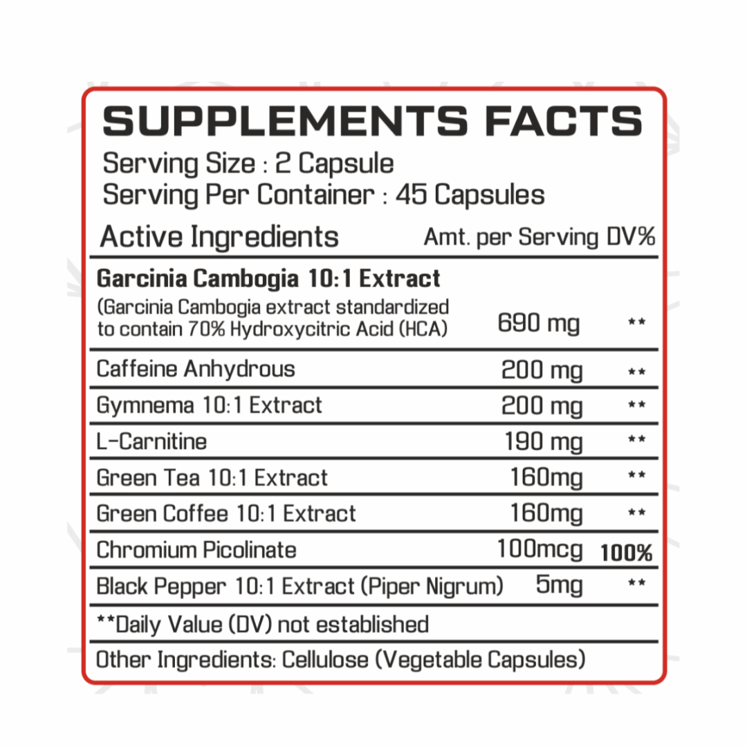 Supplement label with active ingredients and their amounts per serving