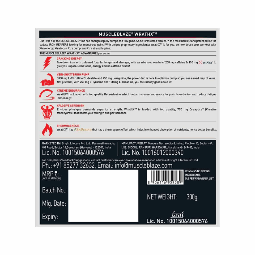 Label of MuscleBlaze Wrath supplement with text and branding