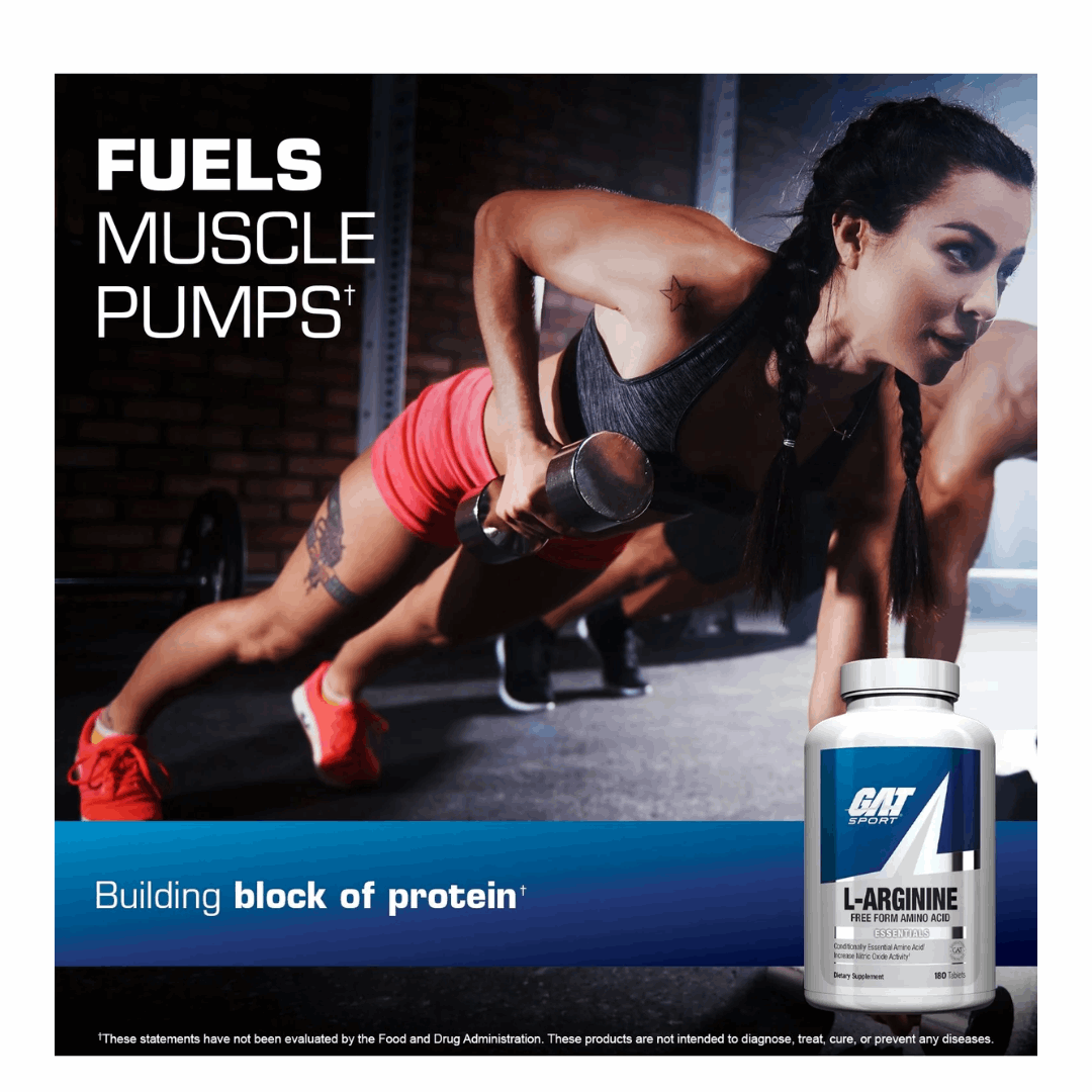 Advertisement for GAT L-Arginine supplement with a woman exercising in the background.