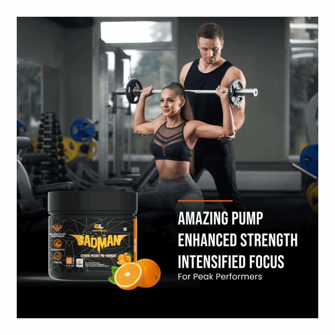 Two people lifting weights with a supplement container labeled 'Badman' in the foreground.