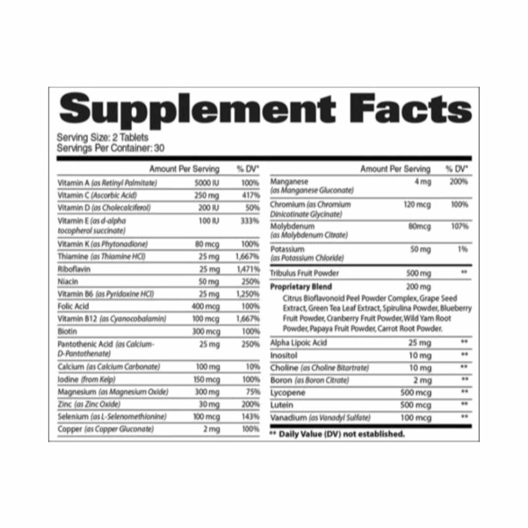 Supplement facts label with detailed nutritional information on a white background