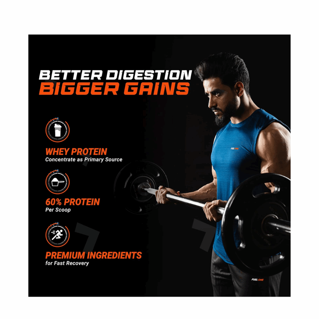 Advertisement for whey protein with a man lifting weights on a black background