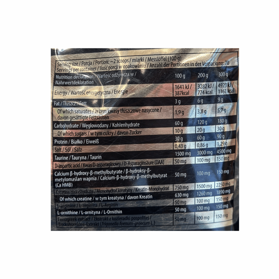 Nutritional label on a supplement container with detailed information.