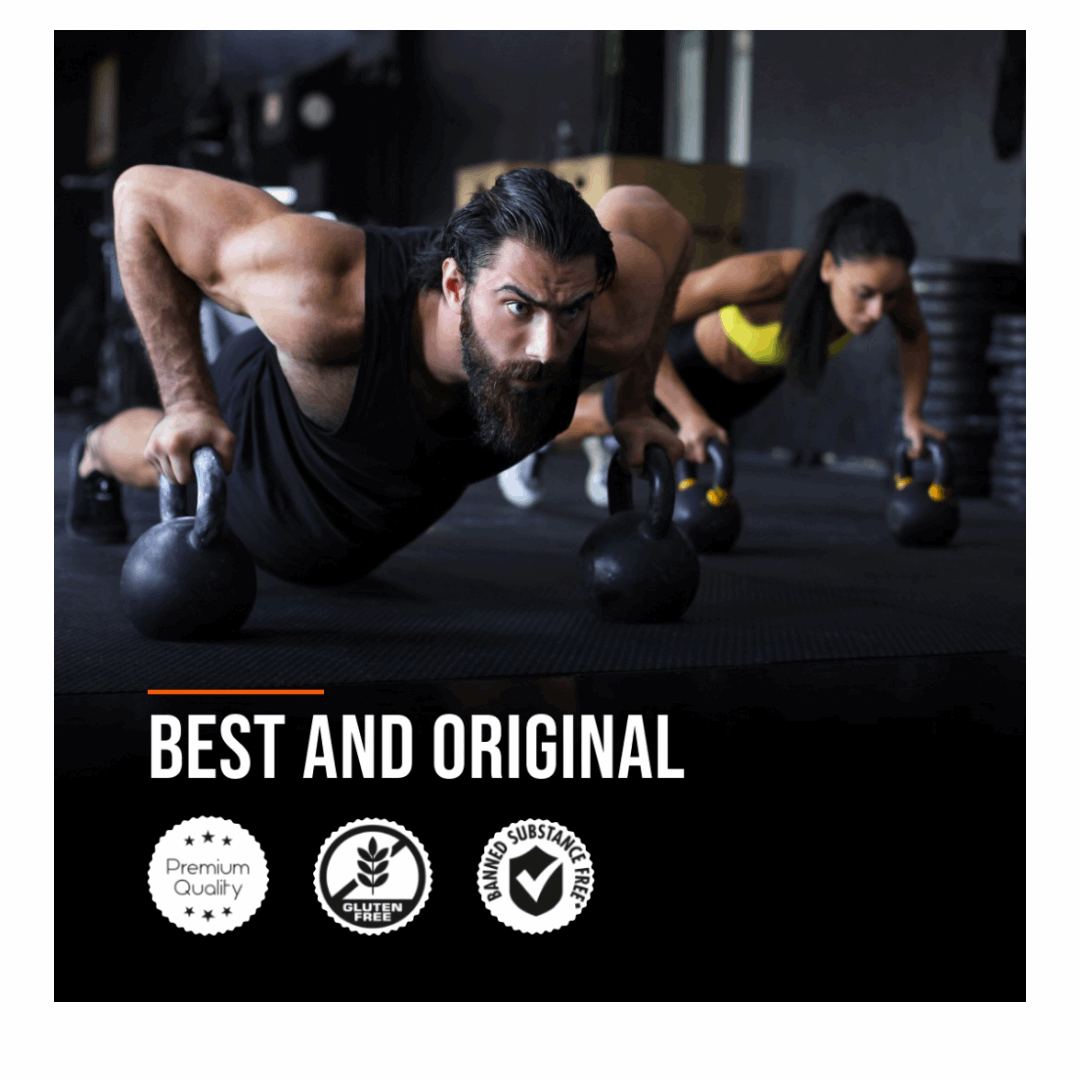 Two people exercising with kettlebells in a gym setting, with text 'Best and Original' and certification logos.