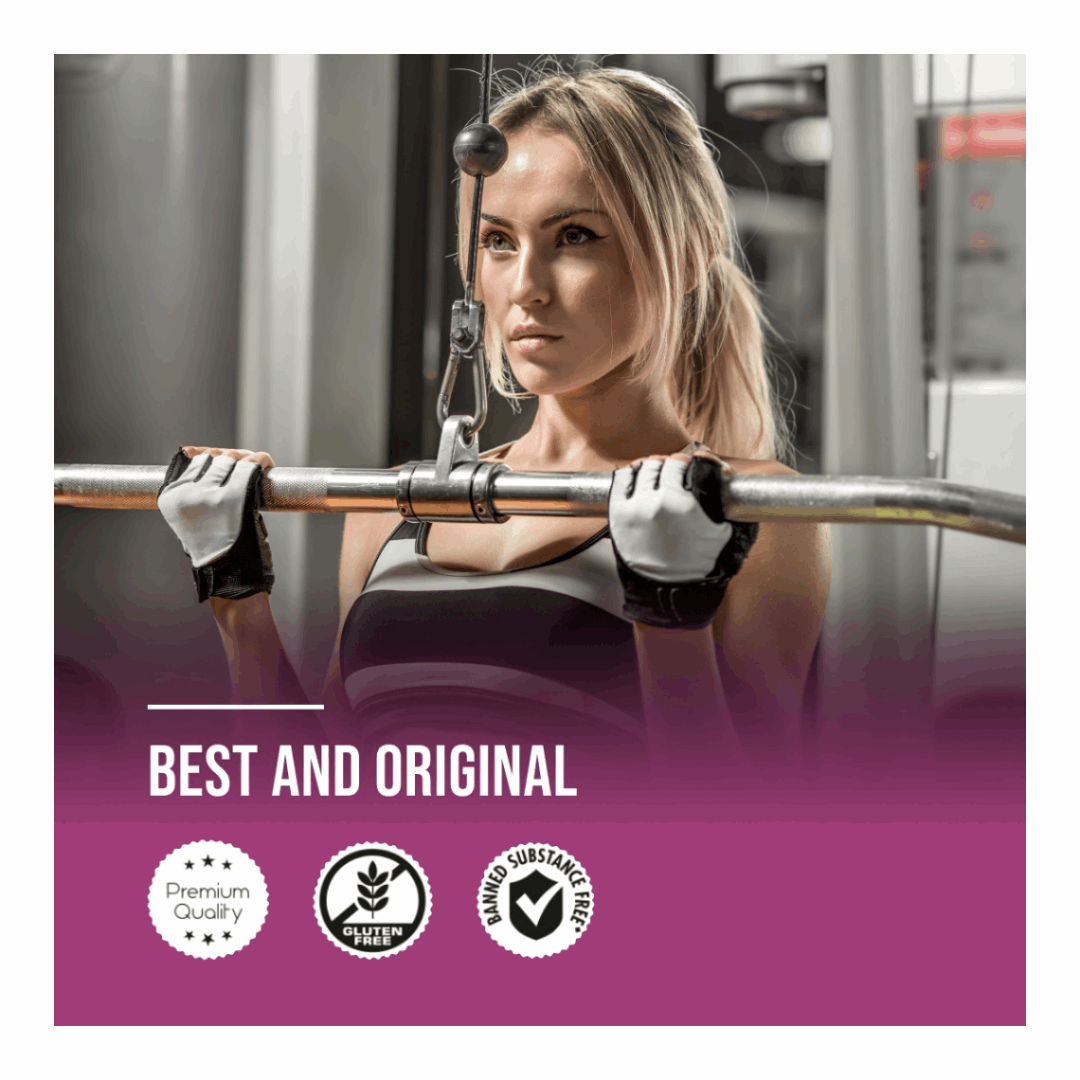 Woman lifting weights with a purple banner at the bottom displaying 'Best and Original' and certification logos.