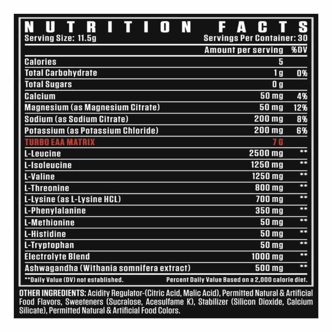 Nutrition facts label for a supplement with black background and white text.