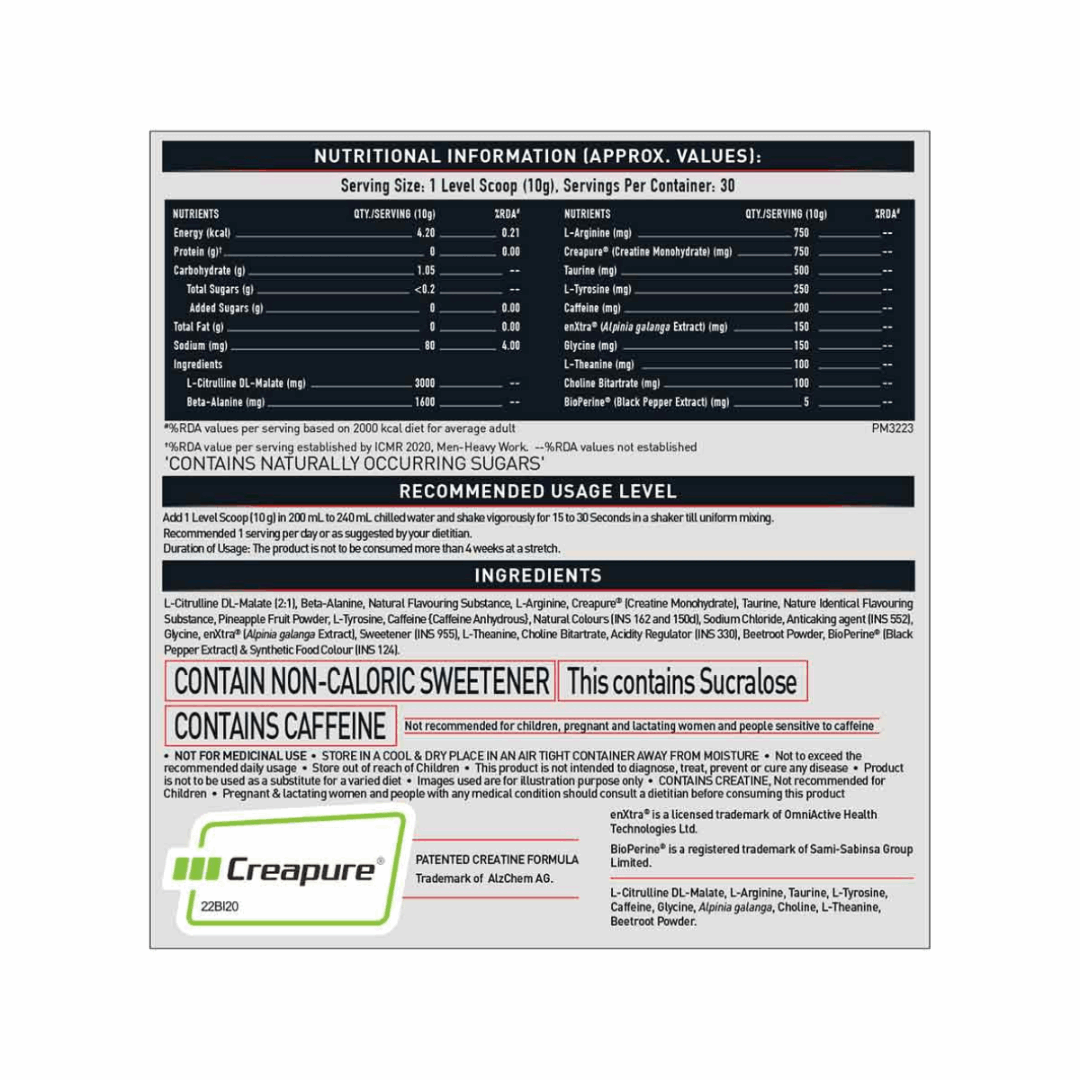 Nutritional information label for a supplement product on a white background