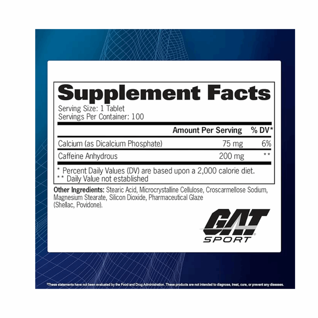 Supplement facts label for GAT Sport product on a blue background