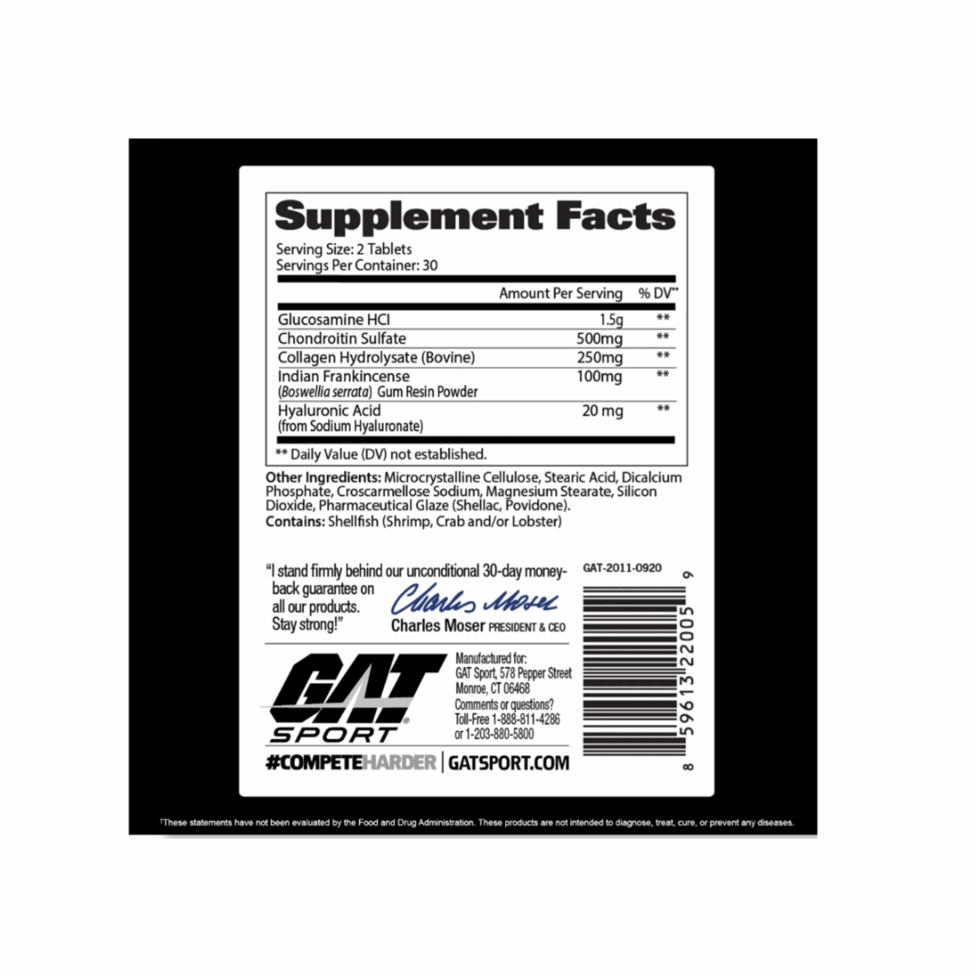 Supplement label with 'GAT Sport' branding on a white background