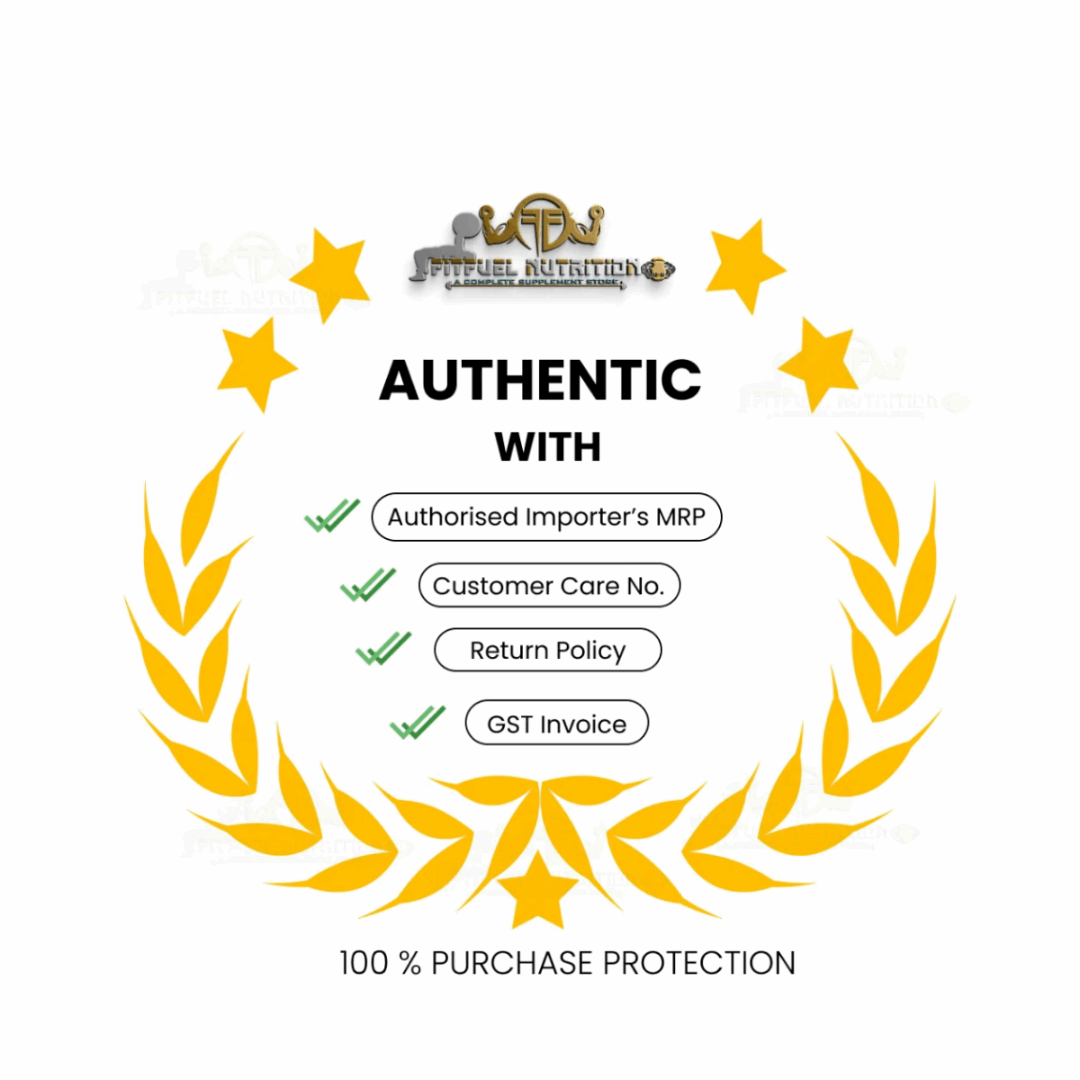 Logo of a nutritional brand with text about product authenticity and purchase protection on a white background.