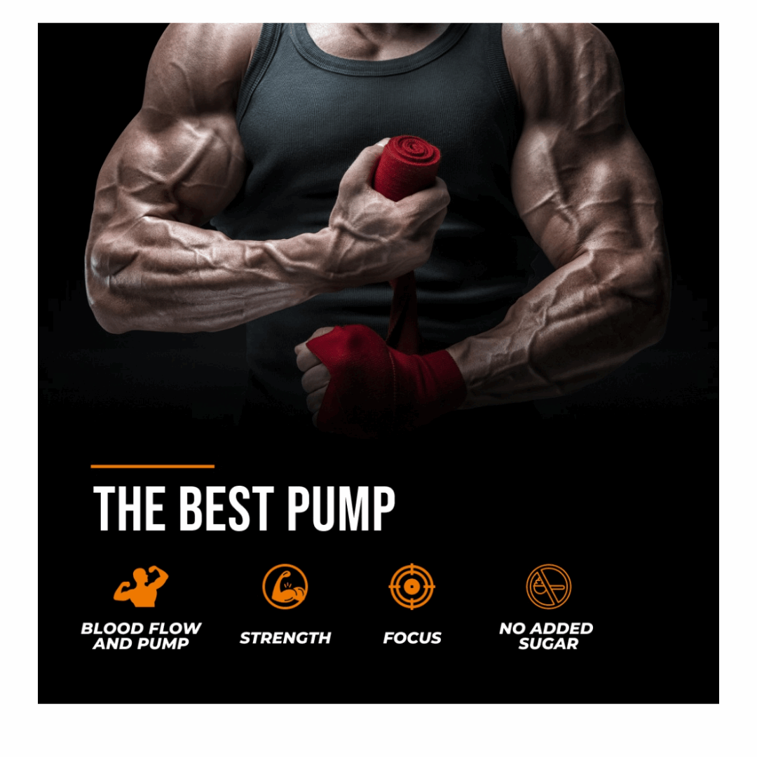 Muscular person holding a red rose with text about 'The Best Pump' supplement on a black background.