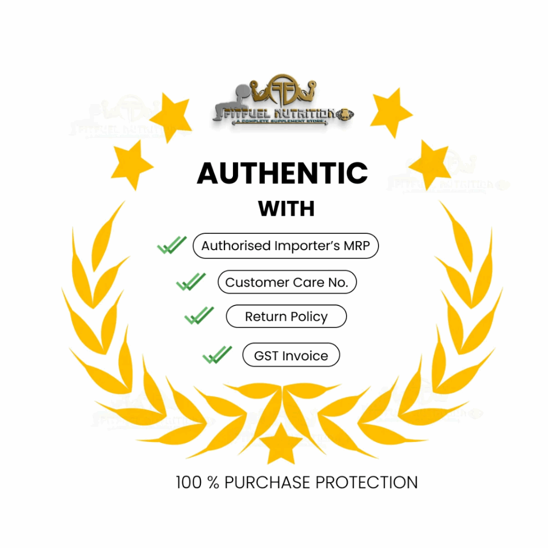 Authenticity guarantee badge with star design and FitFuel Nutrition logo on a white background