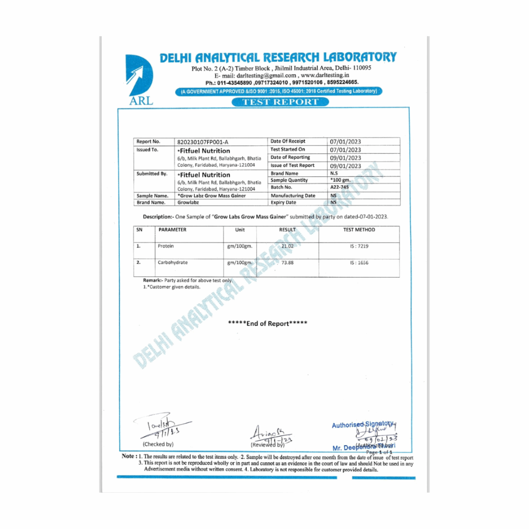 Test report from Delhi Analytical Research Laboratory with various details and signatures.