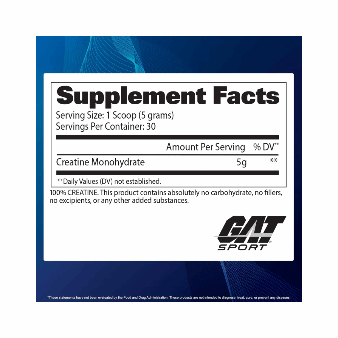 Supplement facts label for a creatine monohydrate product with GAT Sport branding.