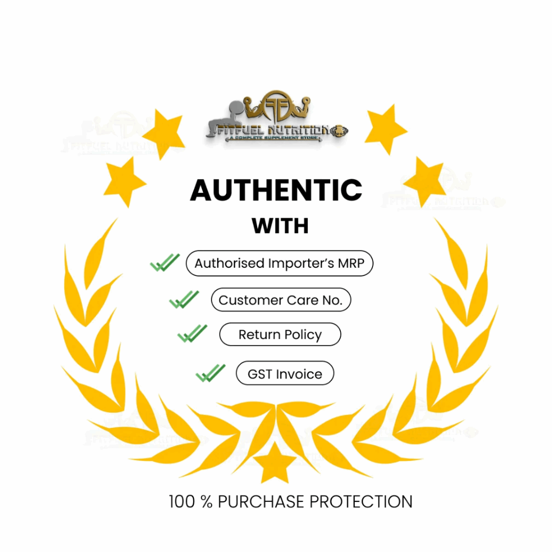 Nutrition brand logo with 'Authentic with' features and protection guarantee on a white background