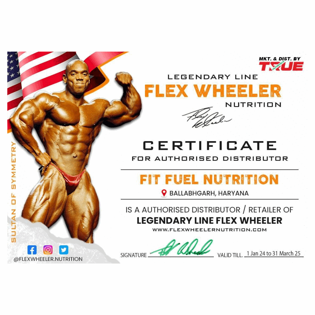 Certificate for authorised distributor of Flex Wheeler Nutrition with a muscular person and American flag.