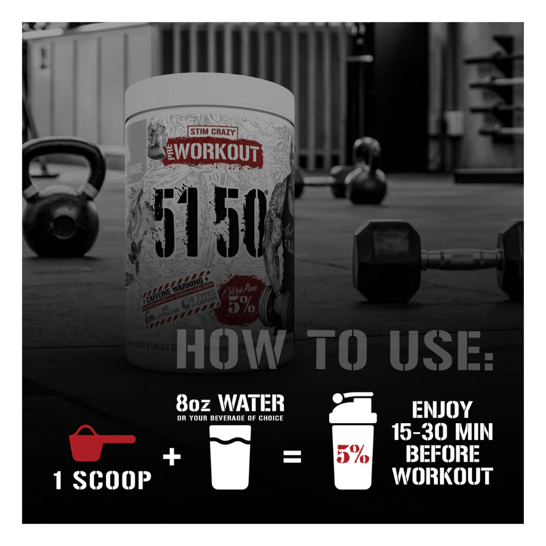 Supplement container labeled '5150' with usage instructions on a gym background.