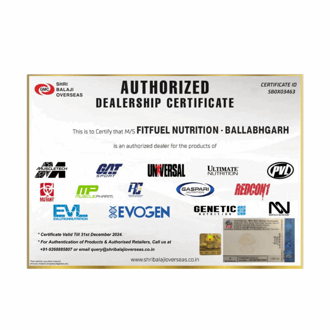 Authorized Dealership Certificate for Fitfuel Nutrition with multiple brand logos on a white background