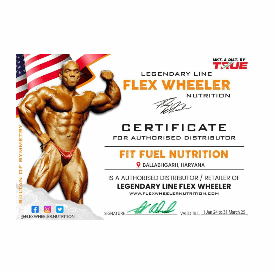 Certificate for authorized distributor of Flex Wheeler Nutrition with a muscular person and American flag.