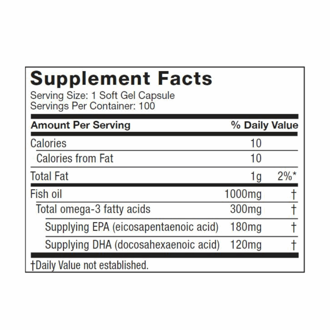 Supplement facts label for a fish oil supplement on a white background