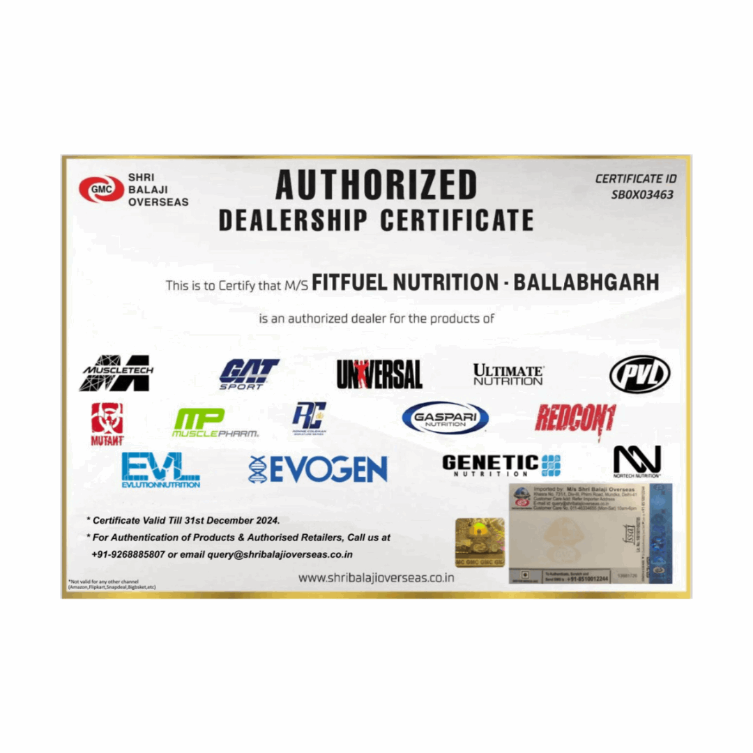 Authorized Dealership Certificate for Fitfuel Nutrition with multiple brand logos on a white background
