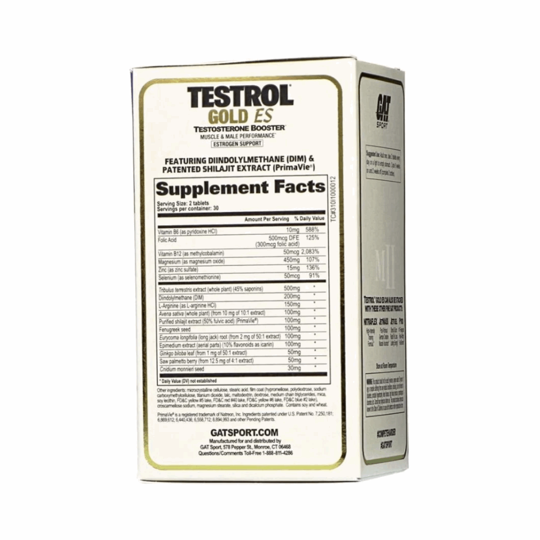 Testrol Gold ES supplement packaging with supplement facts on a white background