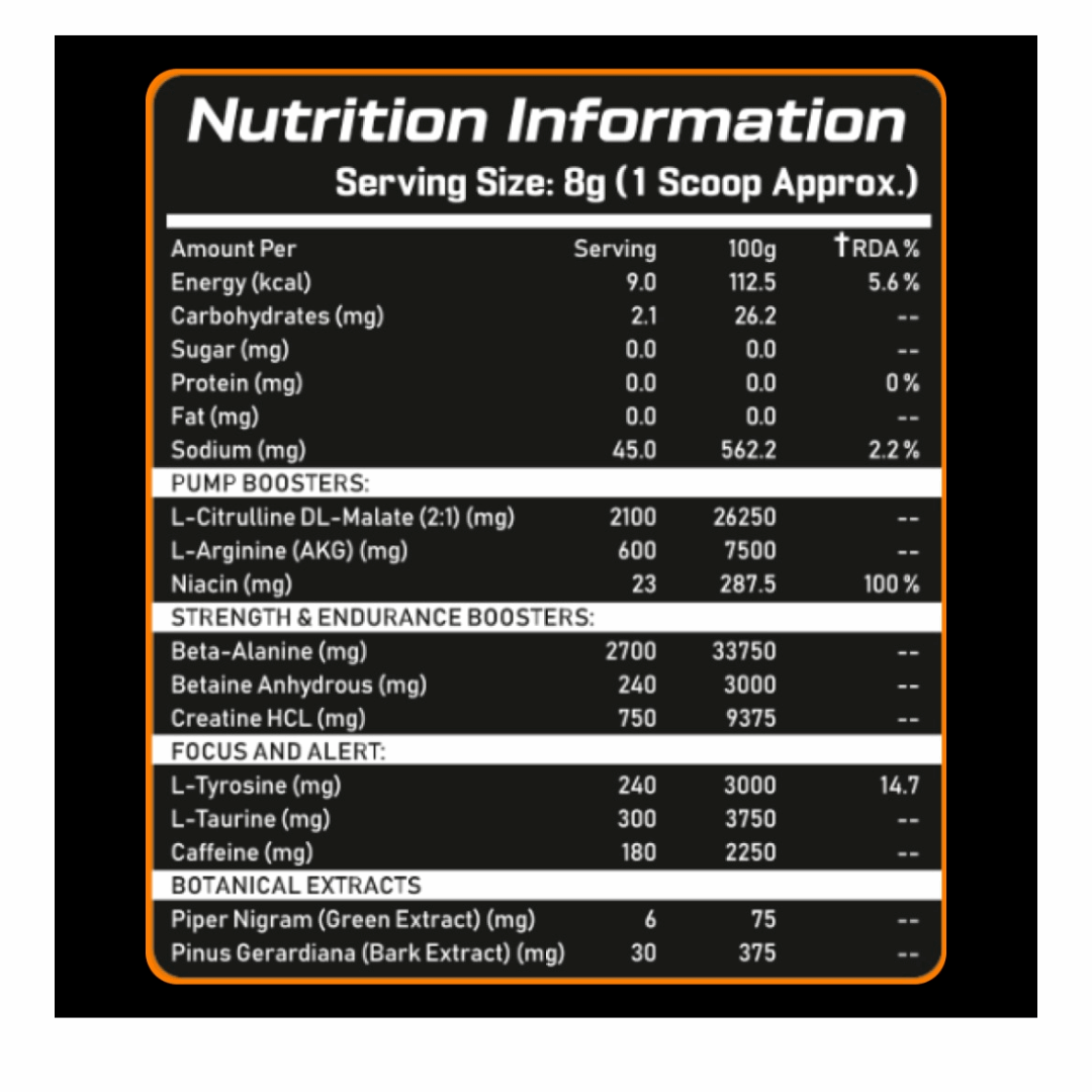 Nutrition information label for a supplement with black background and orange border.
