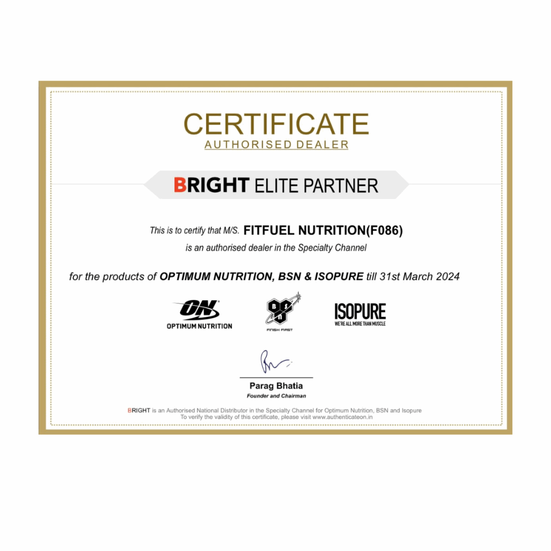 Certificate of Authorised Dealer for Bright Elite Partner, featuring Optimum Nutrition, BSN, and Isopure logos.