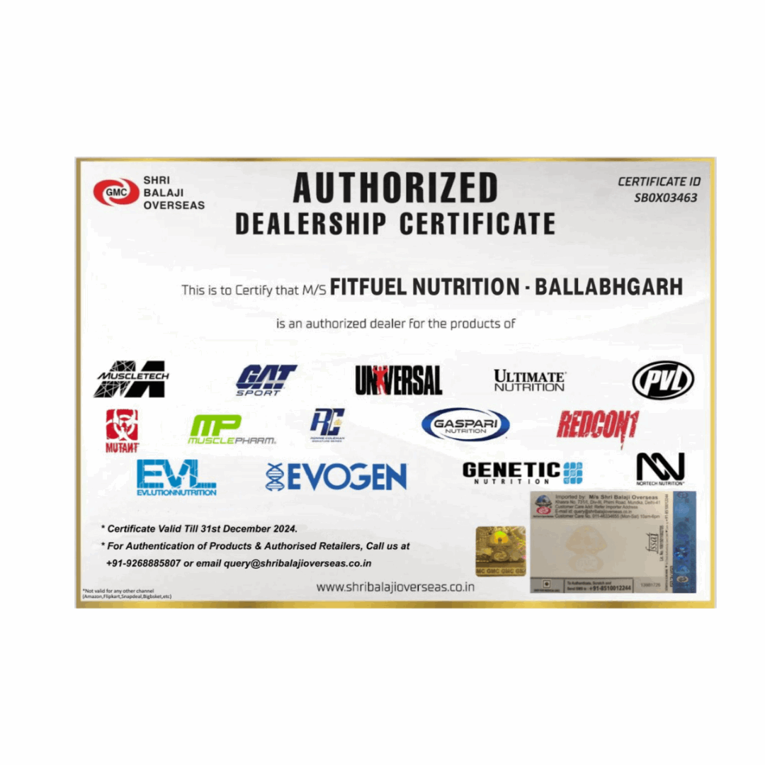 Authorized dealership certificate for FitFuel Nutrition with multiple brand logos on a white background