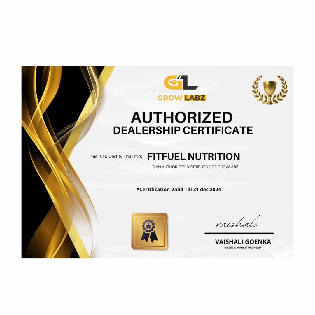 Authorized dealership certificate for FitFuel Nutrition from Grow Labz on a white background