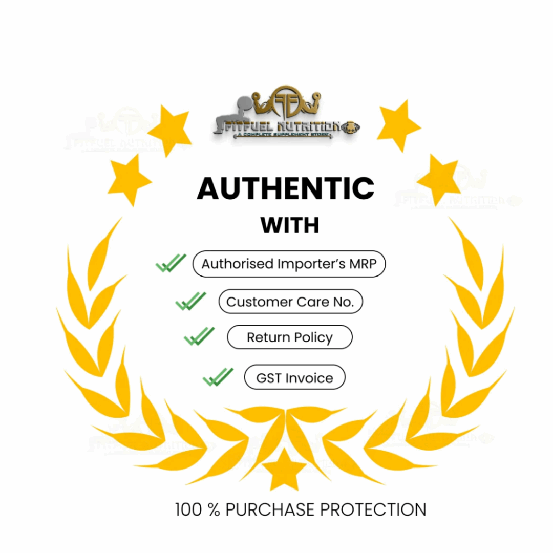 Certification badge with 'Fitfuel Nutrition' logo and text about product authenticity and protection.