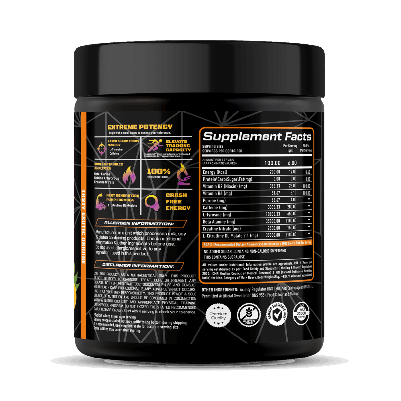 Supplement container with black lid and detailed label on a white background