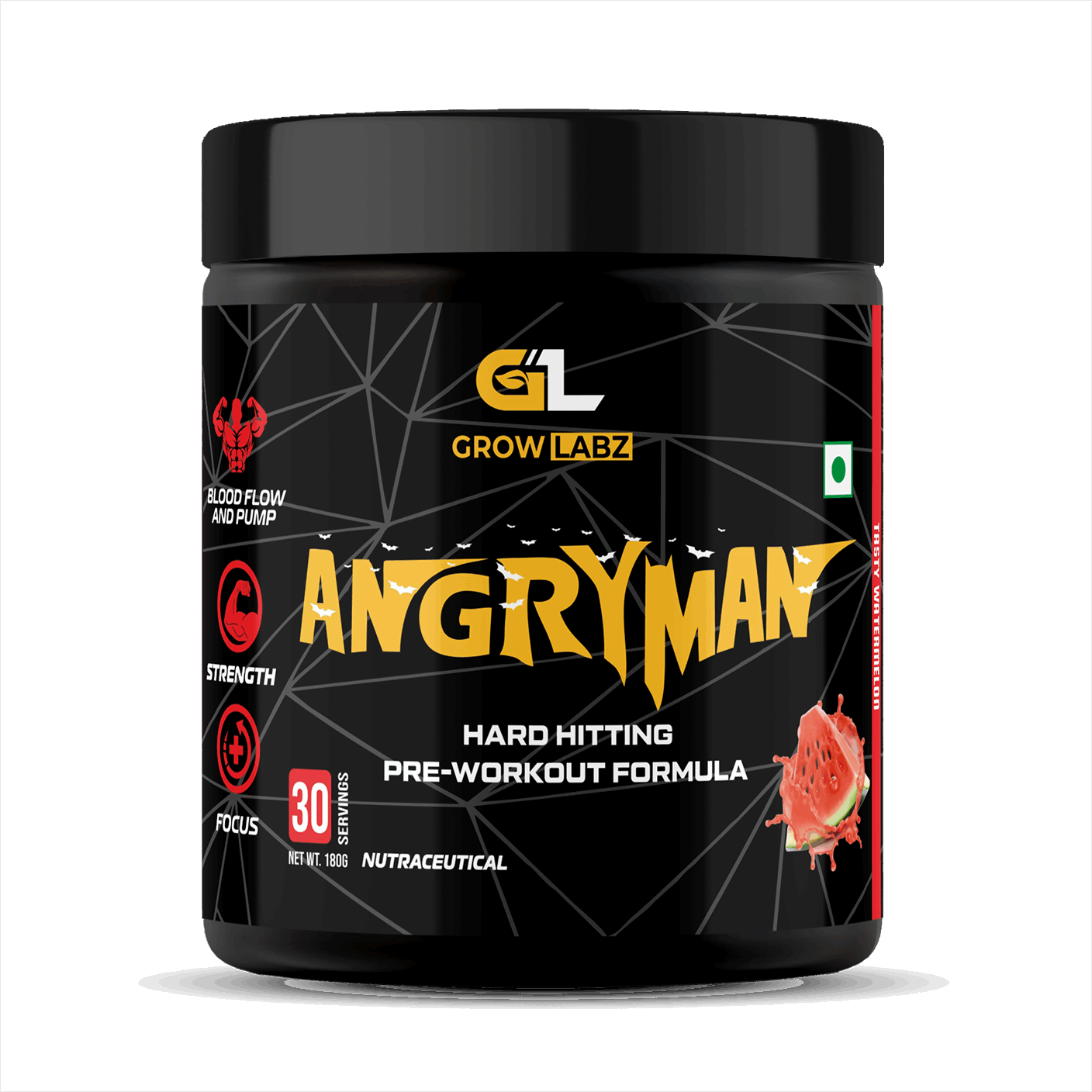 Black container of Grow Labz Angry Man pre-workout supplement on a white background