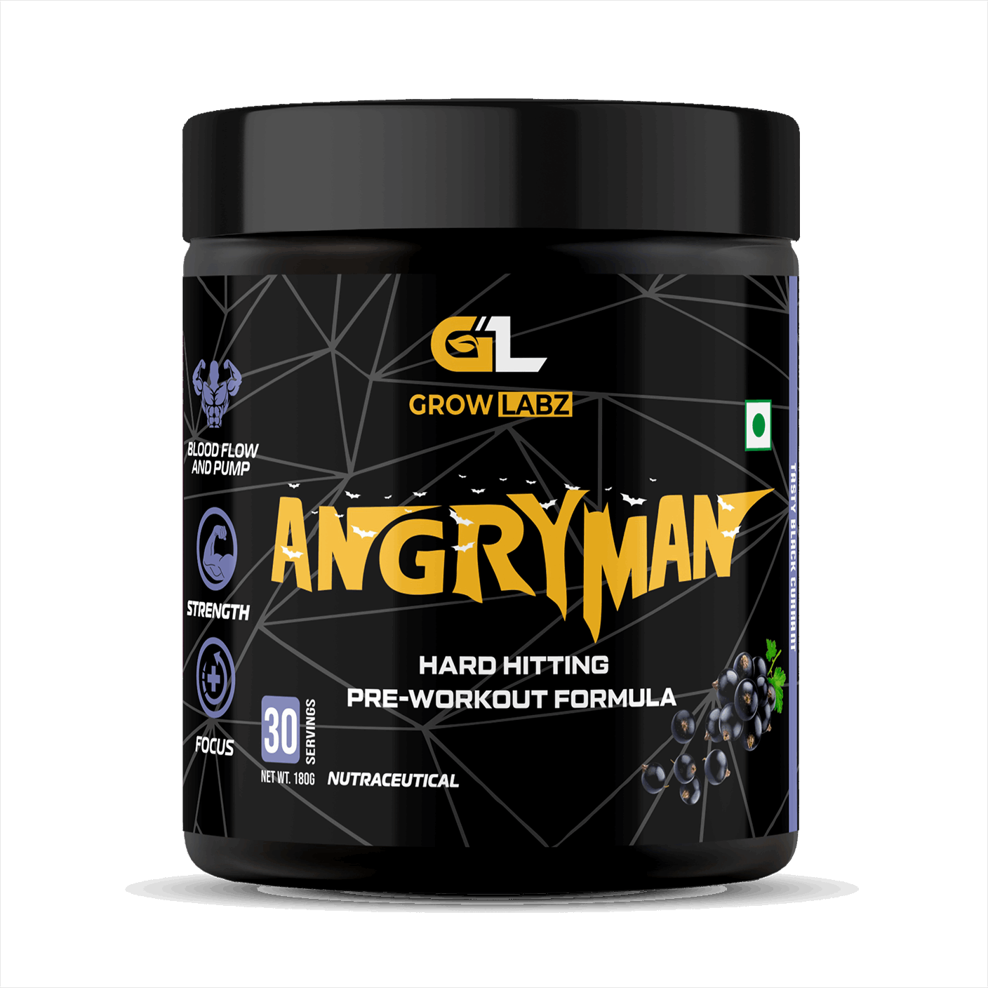 Pre-workout supplement container labeled 'Angry Man' by Grow Labz on a white background