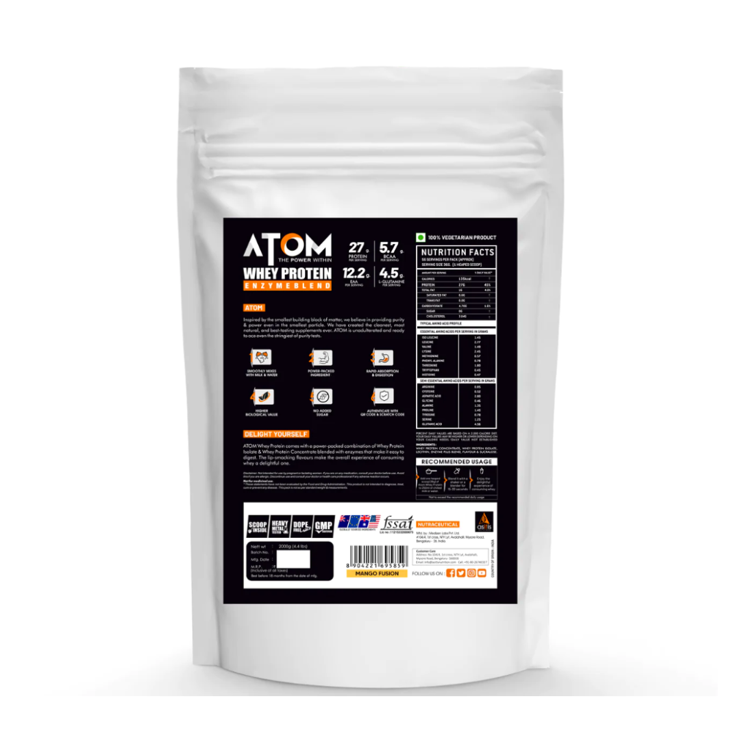 ATOM whey protein package with a black label on a white background