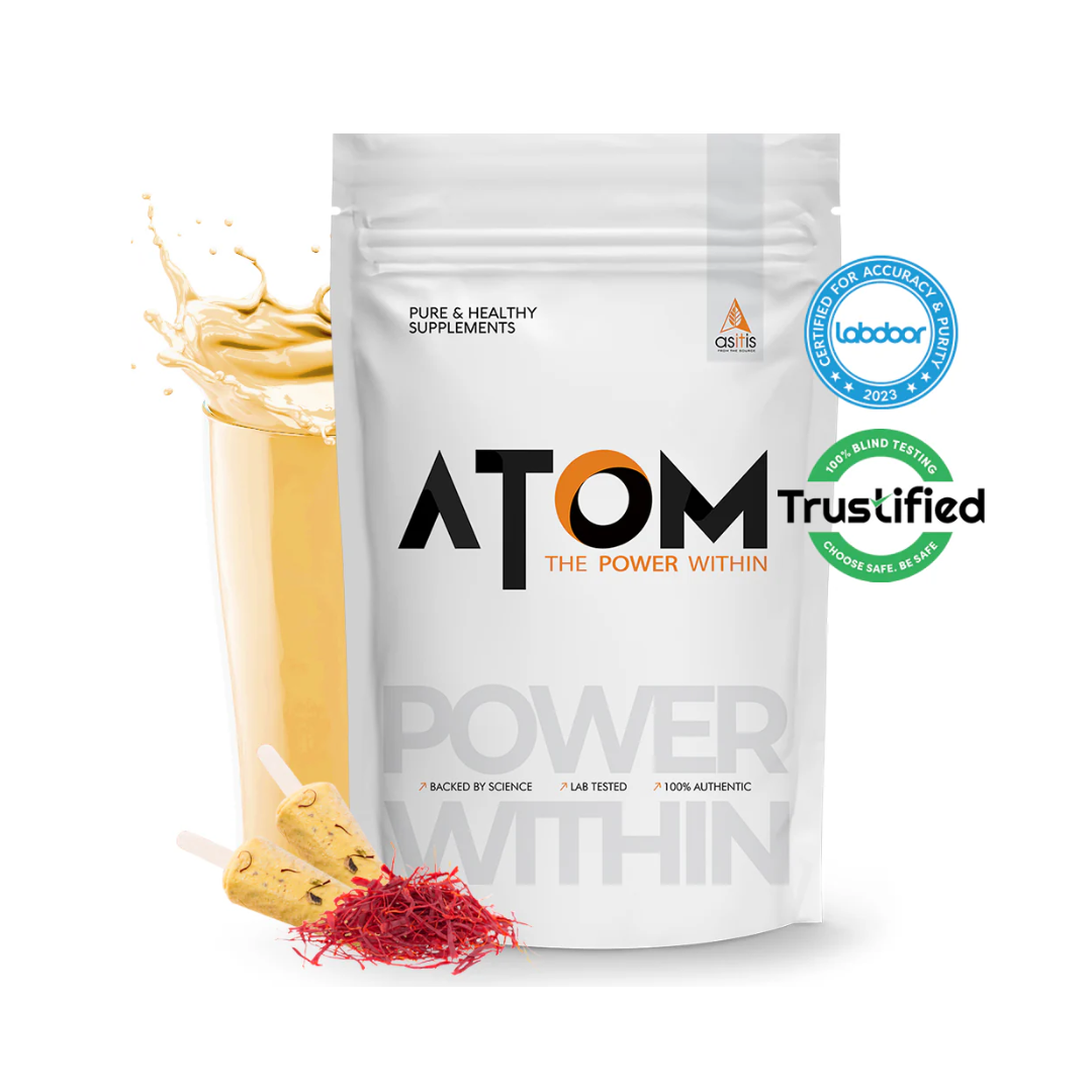 ATOM supplement package with a jar of powder and cookies on a white background