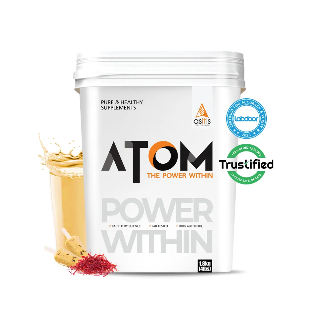 White supplement container with 'ATOM' branding and certification logos on a white background